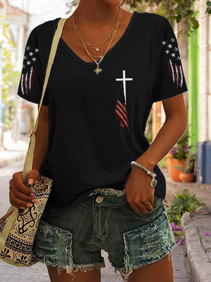 Women's Cross Flag Print Casual T-shirt