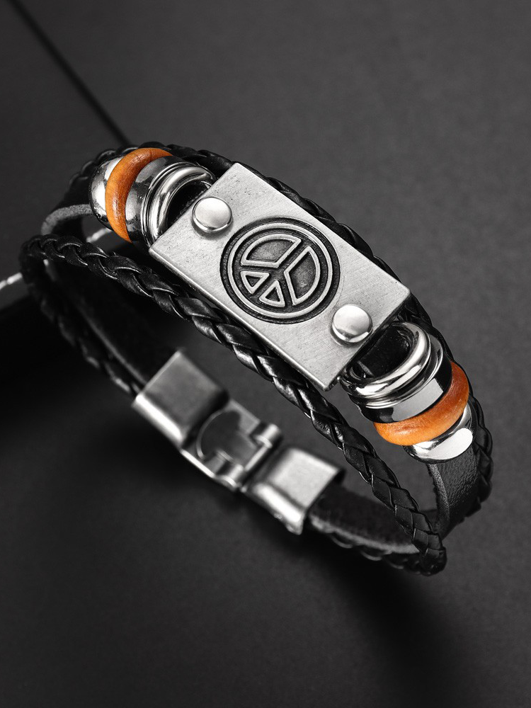 Retro Peace Sign Bead Design Leather Bracelet