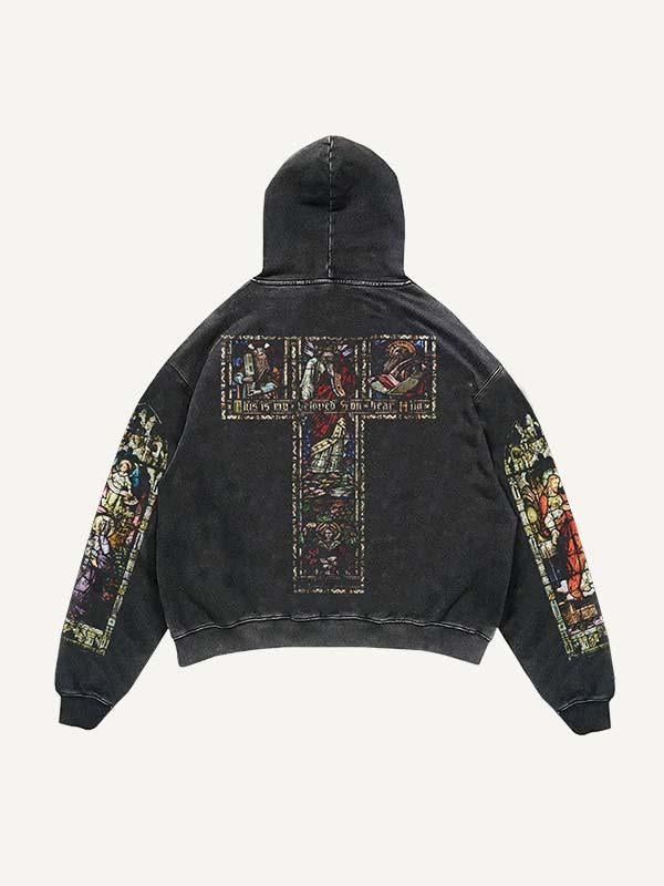Figure&Cross&Graphic Print Slant Pockets Hoodie
