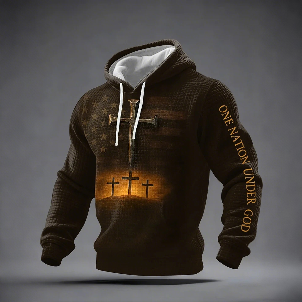 Men's One Nation Under God Faith Cross Print Casual Checkered Hoodie