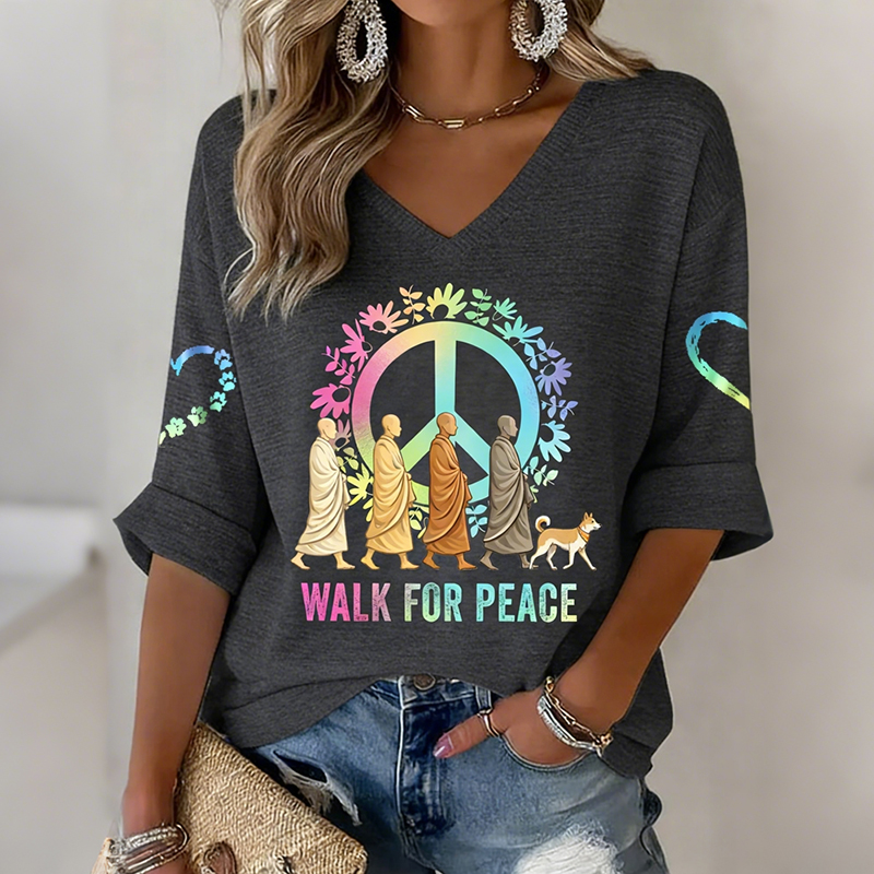 V-neck Retro Walk For Peace Monks With Aloka Dog Print T-shirt