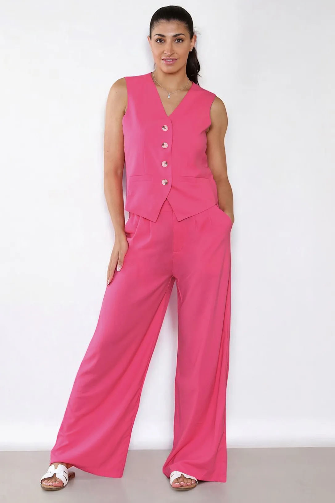 Summer Plain V-Neck Sleeveless Button Tank & Suiting Pants Co-ord