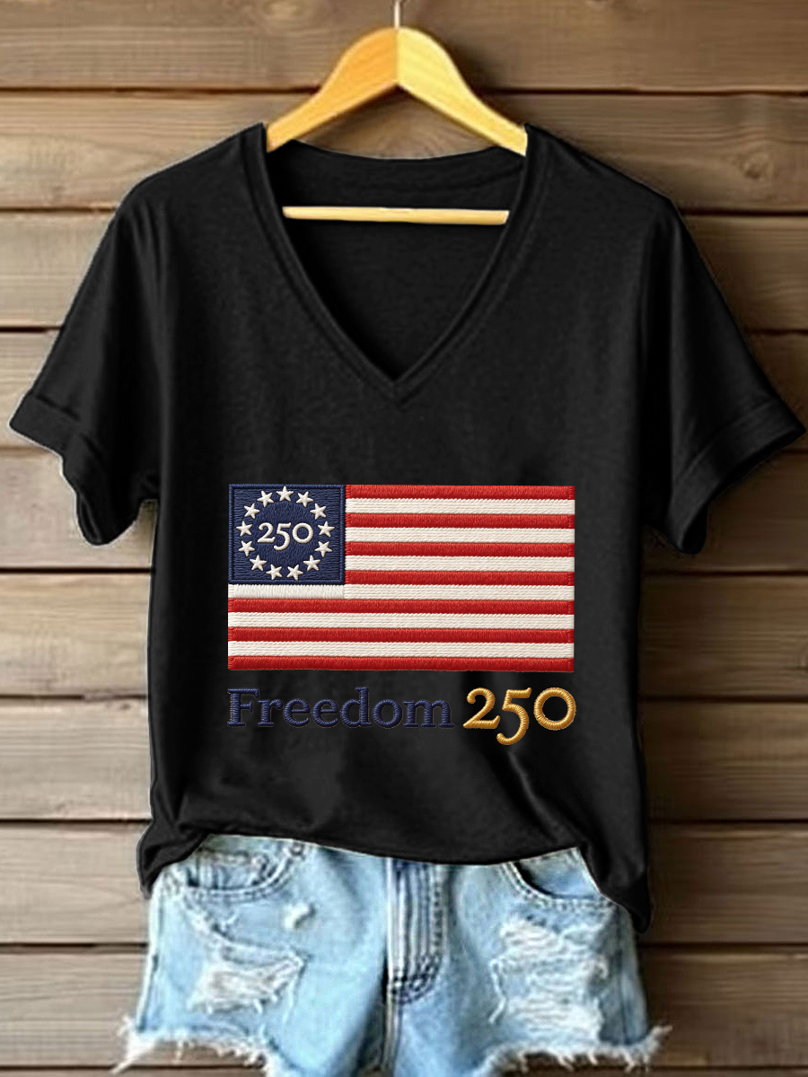 Women's Freedom 250th Anniversary Embroidered V-Neck T-Shirt