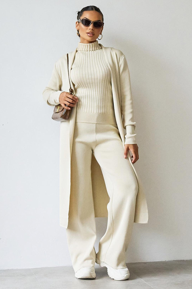 Turtle Neck Tank & Wide Leg Trousers with Cardigan Three-Piece Set