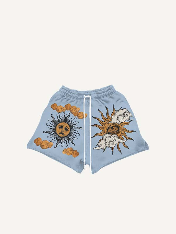 Sad Sun&Eye&Cloud Print Drawstring Waist Shorts
