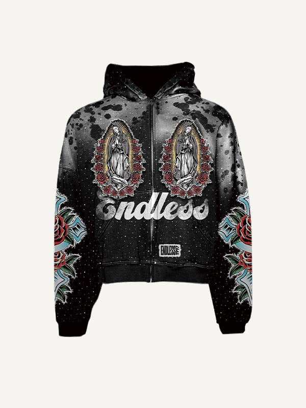 Mary&Pray&Floral&Cross&Letter Faux Decal Print Zip Up Hooded Coat