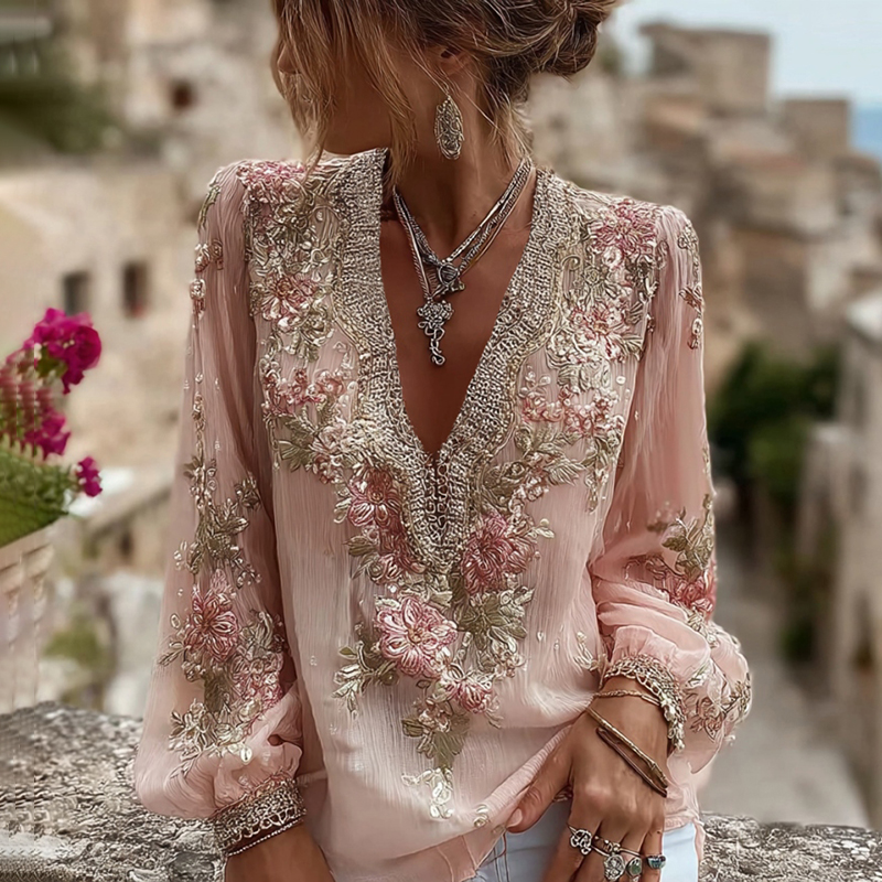 Women's Floral Embroidered Art V-neck Blouse