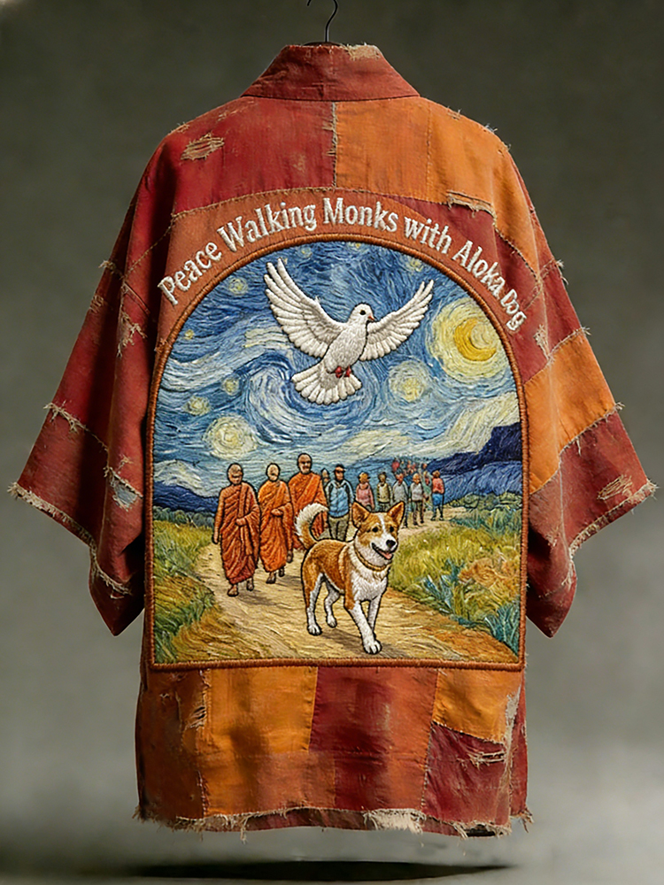 Vintage Peace Walking Monks With Aloka Dog Art In Patchwork Print Linen Short Kimono
