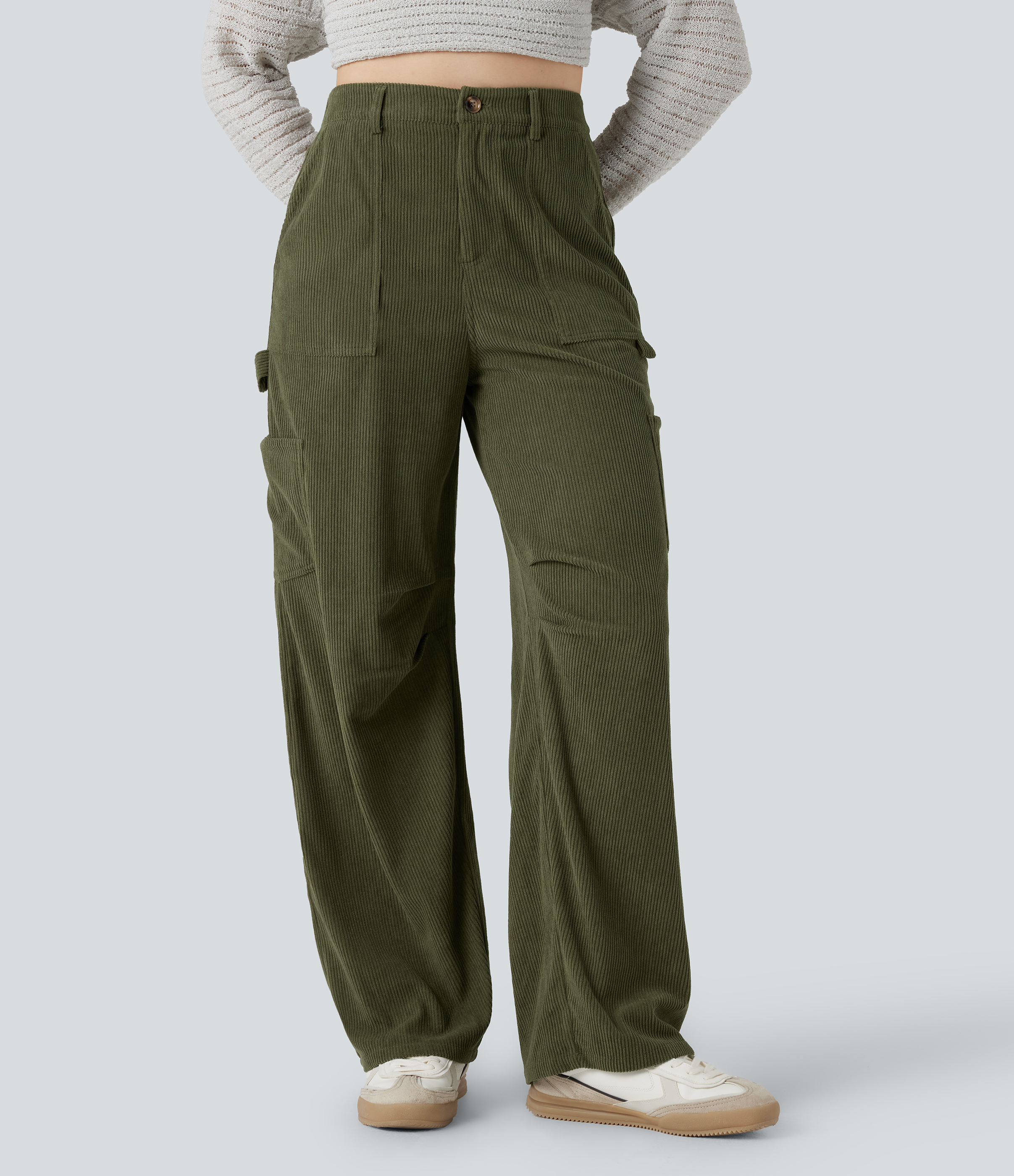 High Waisted Straight Leg Corduroy Casual Pants with Pockets