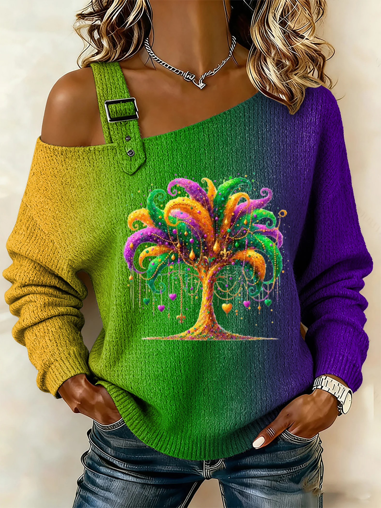 Women's Mardi Gras  Print Off-Shoulder Knit Top