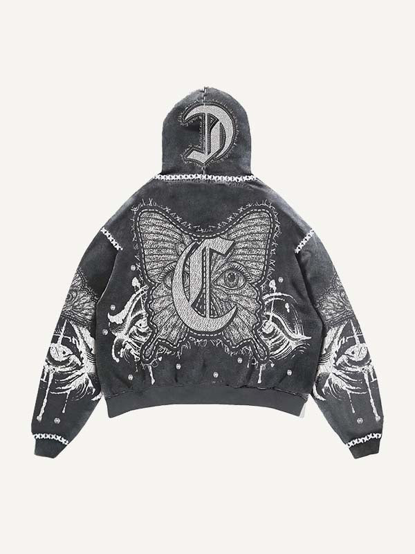 Butterfly&Eye&Letter Faux Decal Print Slant Pockets Hoodie