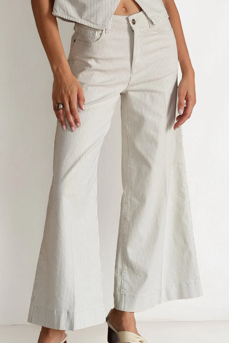 Elegant High Waist Wide Striped Multi-Pocket Jeans
