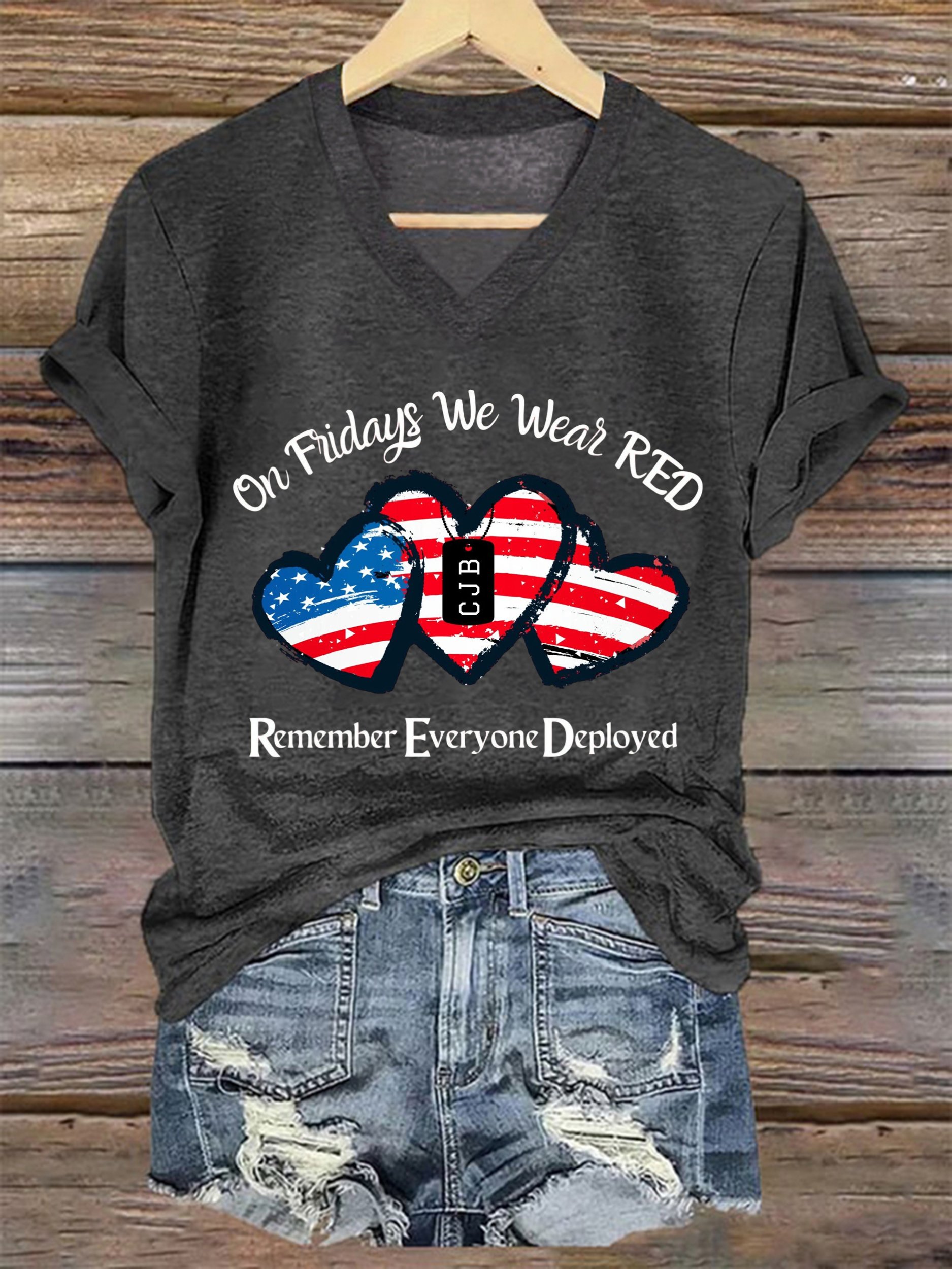 Women's On Fridays We Wear RED Print V Neck T-shirt