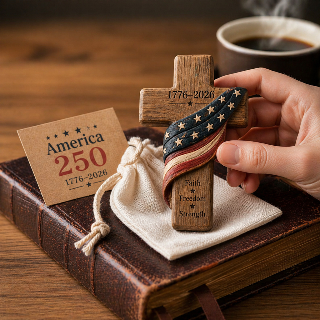 🇺🇸 America 250th Anniversary Wooden Cross – Faith Freedom Strength Patriotic Keepsake (1776–2026) ✝️