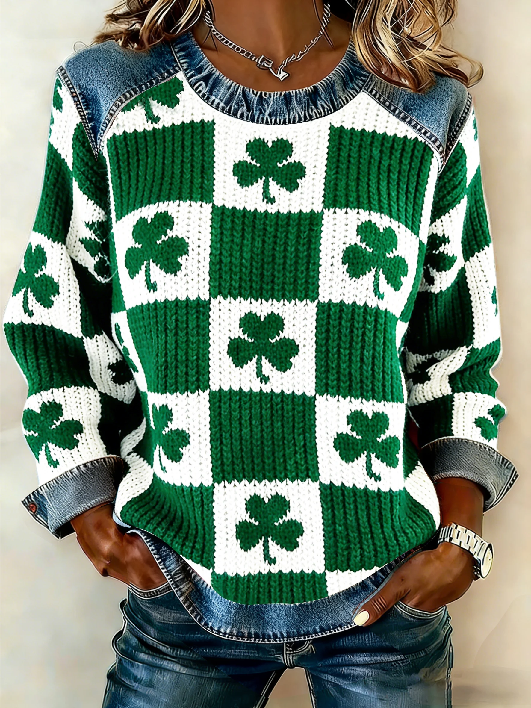 Women's winter Retro Shamrock print round pattern top