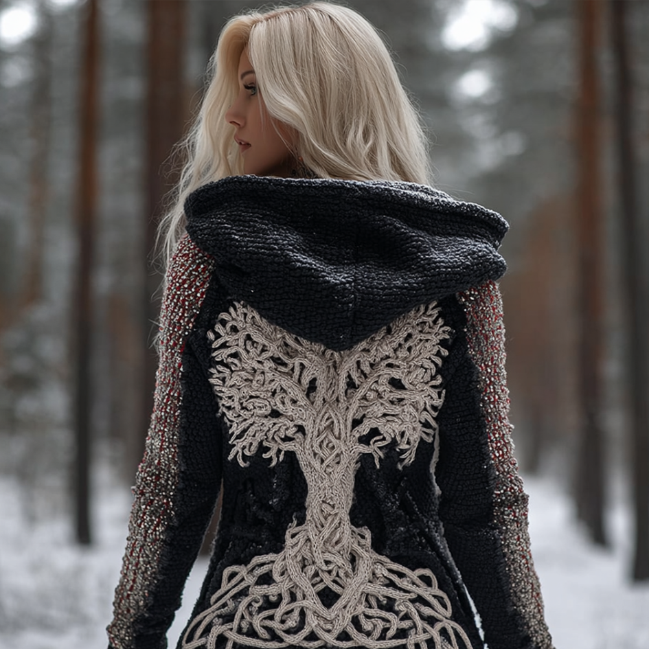 Viking Retro Style Women's Winter Warm Hooded Knit Sweater Jacket