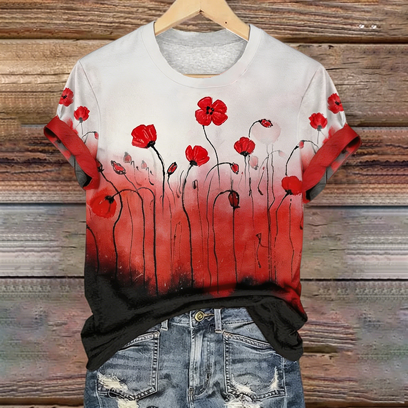 Women's Memorial Day Poppy Art Printed T-Shirt
