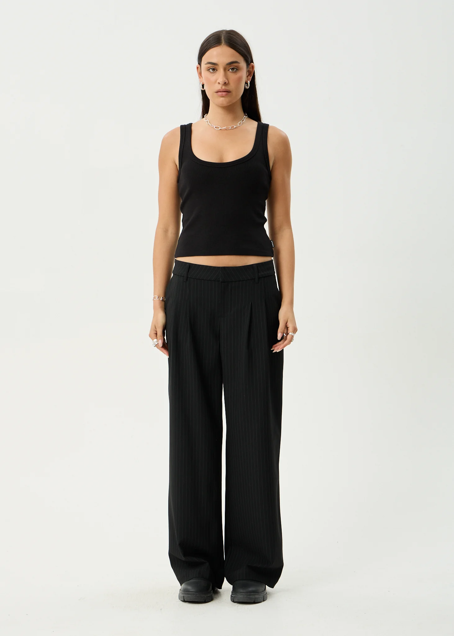 AFENDS Womens Business - Pinstripe Low Rise Trouser - Black