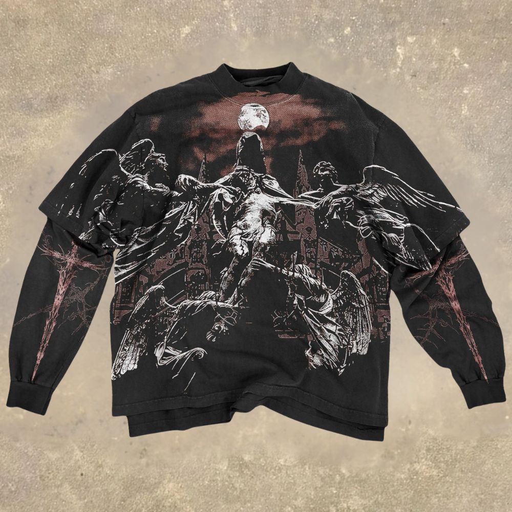 Gothic Angel & Moonlit Cathedral Fake Two-Piece Shirt