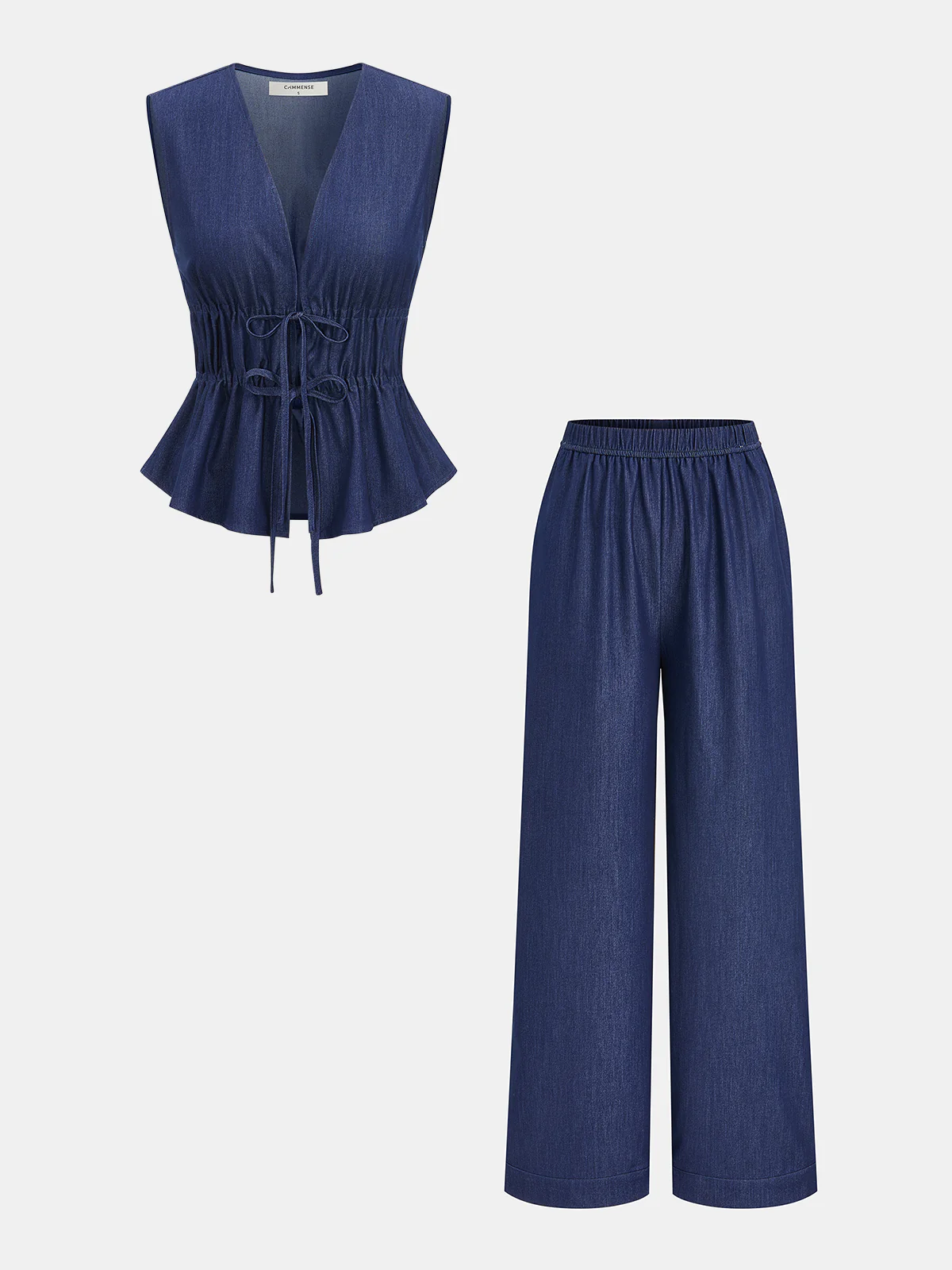 Faux Denim Tie-Waist Vest & Pants Set
