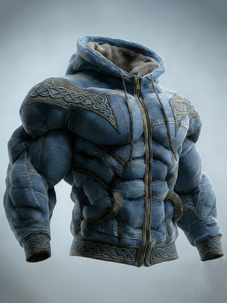Retro Viking Celtic Knot Contrasting Embroidery Distressed Denim Warm Hooded Jacket