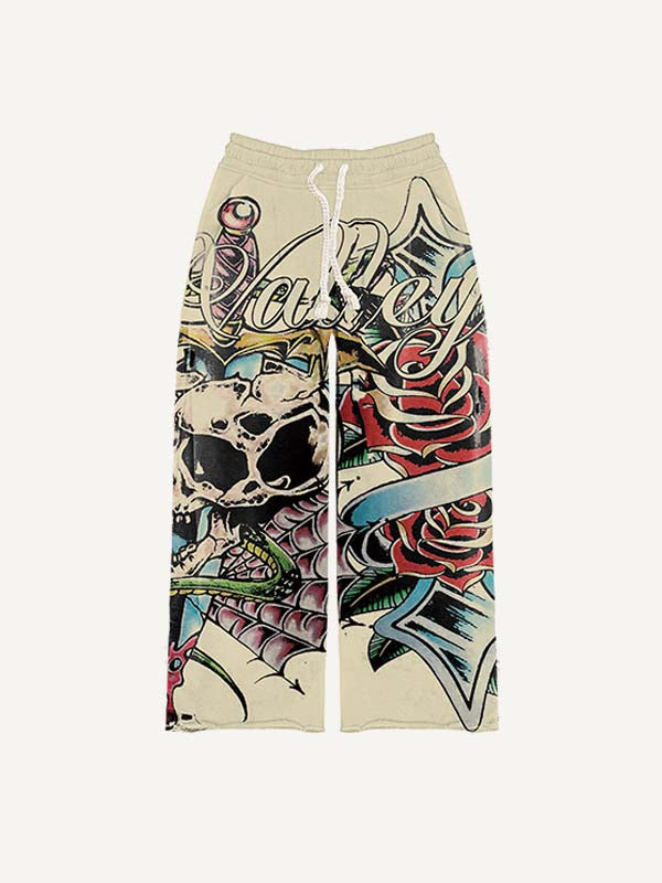 Skull&Cross&Floral&Sword&Graphic&Letter Print Elastic Waist Pants