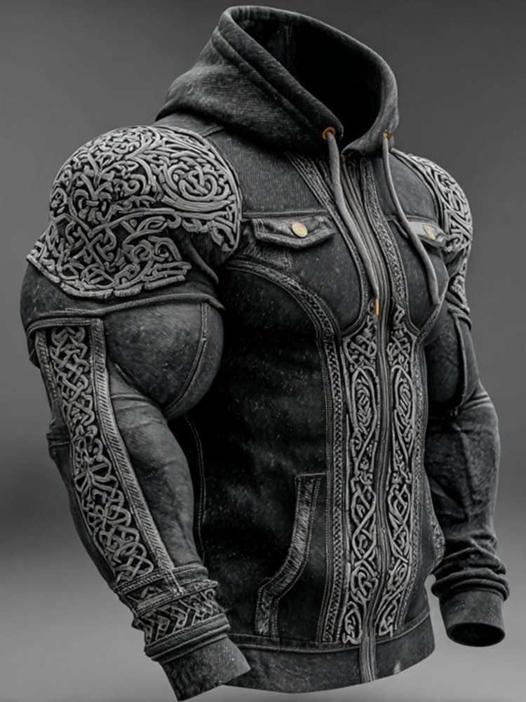 Men's Retro Viking Celtic Knot Contrasting Embroidery Warm Hooded Jacket