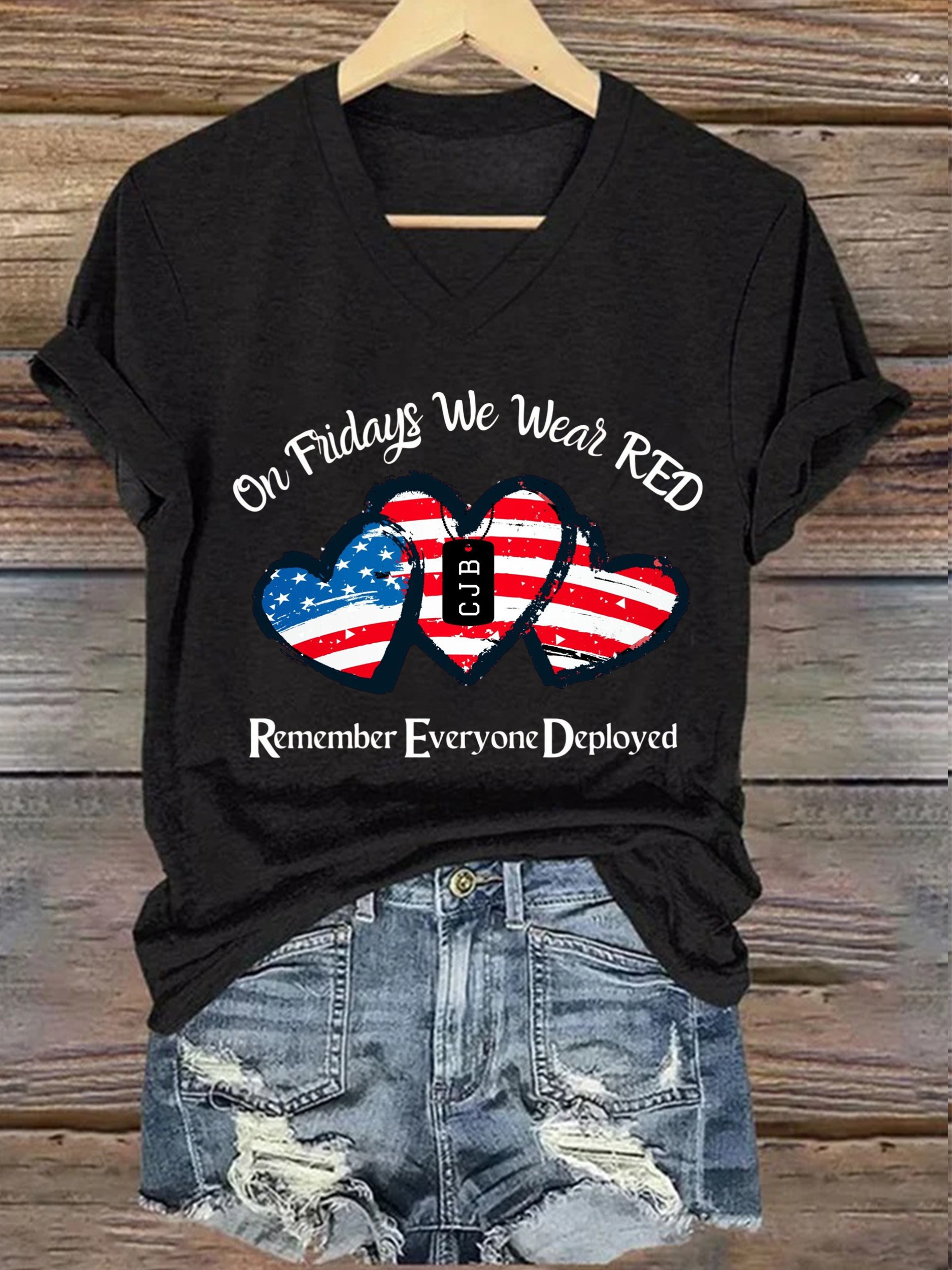 Women's On Fridays We Wear RED Print V Neck T-shirt