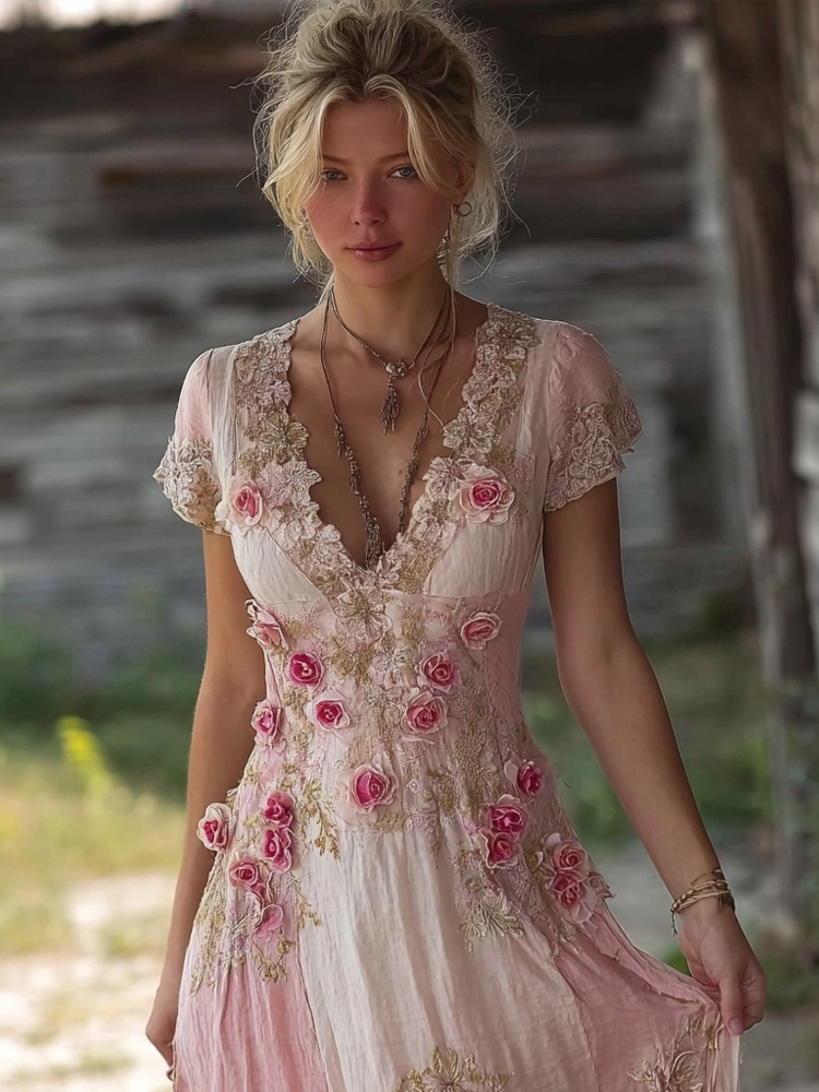 Vintage Boho Pink Roses Embroidered Flowy Maxi Dress