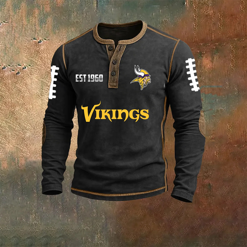 Men’S Minnesota Vikings NFL Henley Long Sleeve Shirt – Classic Team Style Casual Top
