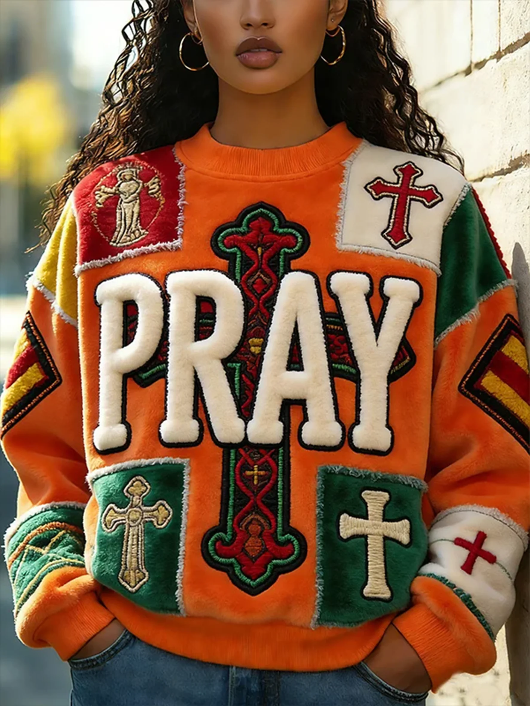 Women's Jesus Faith Cross Geometric Color Block Print Casual Sweatshirt-Fast Shipping