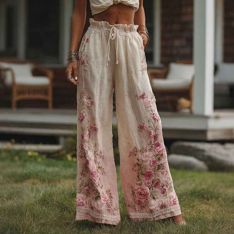 Retro Bohemian Style Pink Rose Gradient Art Casual Cotton And Linen Pants