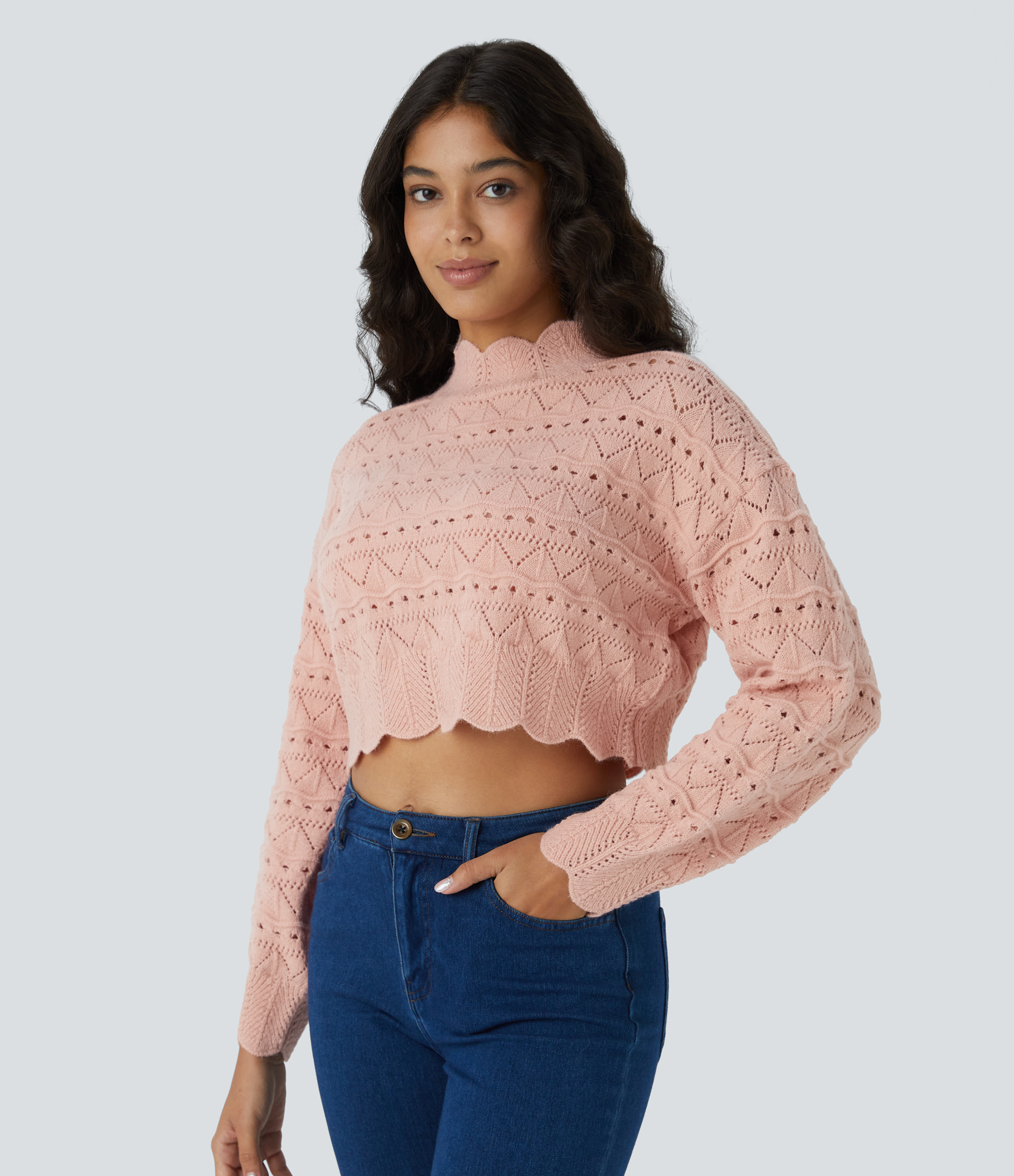 Mock Neck Bishop Sleeve Scallop Hem Open Knit Casual Sweater