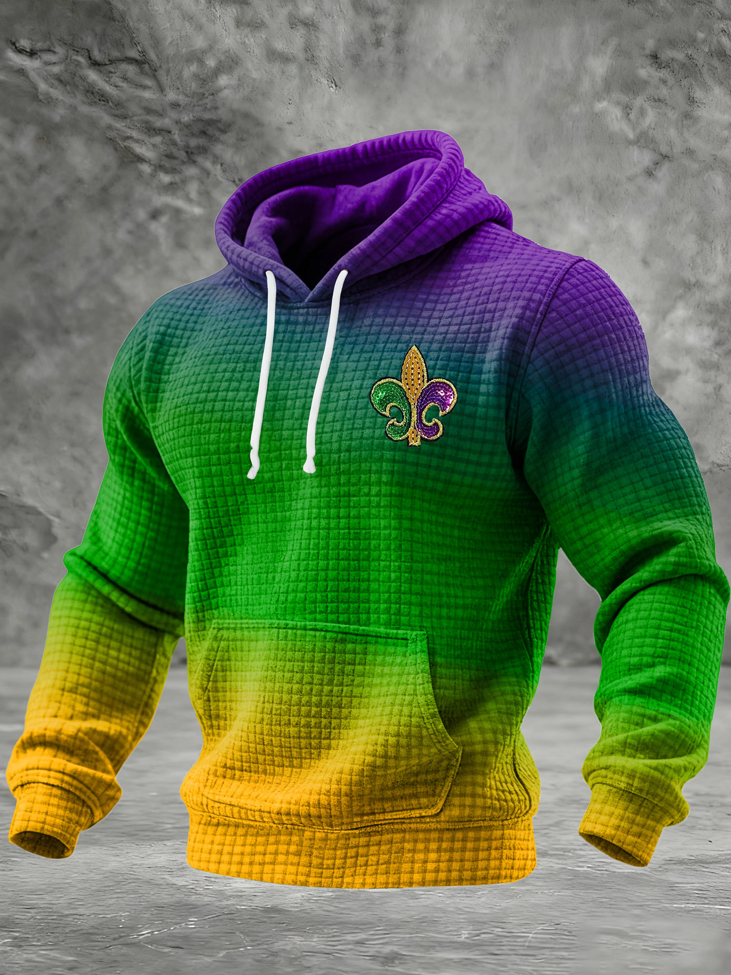 Men's Mardi Gras Print Checkered Fabric Hooded Sweatshirt