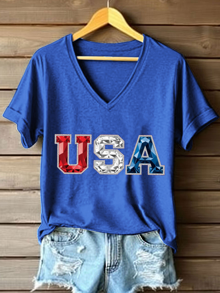 Women's USA Rhinestone Pattern V-Neck T-Shirt