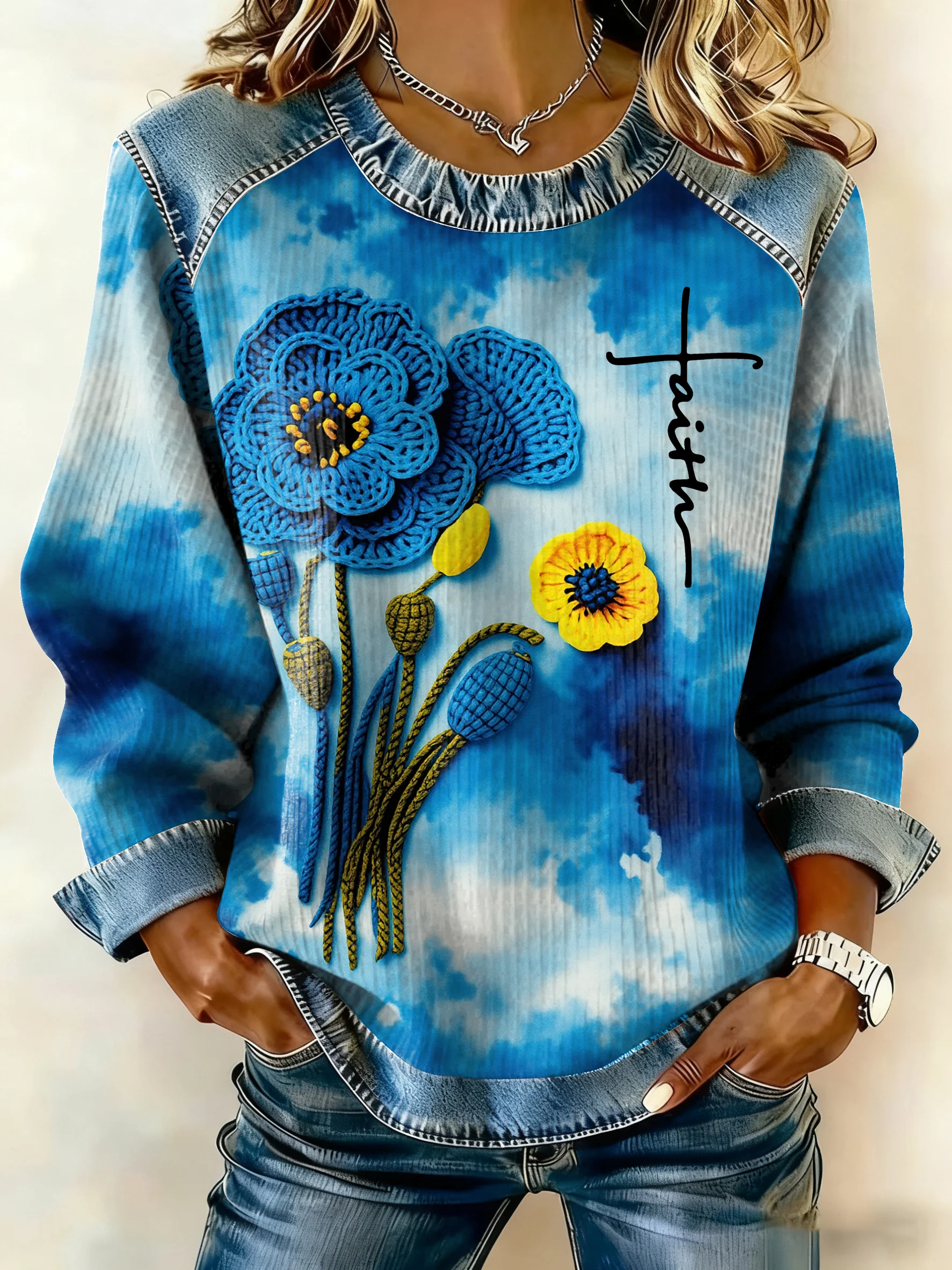 Women'S Casual Faith-Themed Western-Style Printed Patchwork Sweatshirt-Fast Shipping