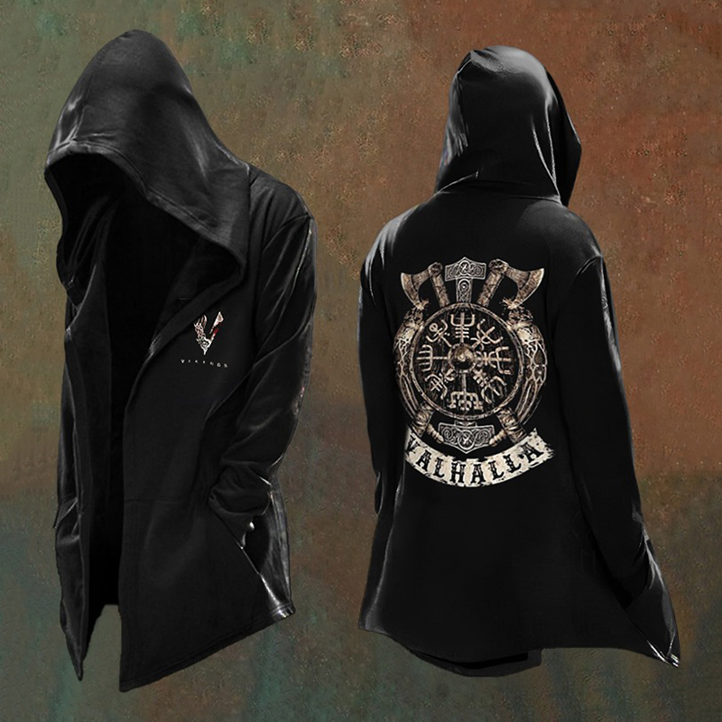 Men's Vikings Printed Axe Totem Vintage Hooded Jacket