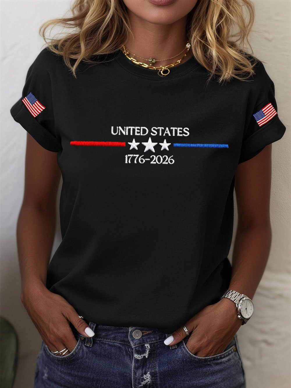Women’s USA 250th Anniversary Embroidered Print Crew Neck Short Sleeve T-Shirt