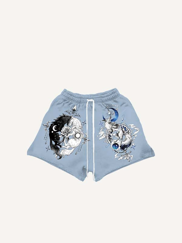 Wolf&Moon&Sun&Floral&Graphic Print Drawstring Waist Shorts