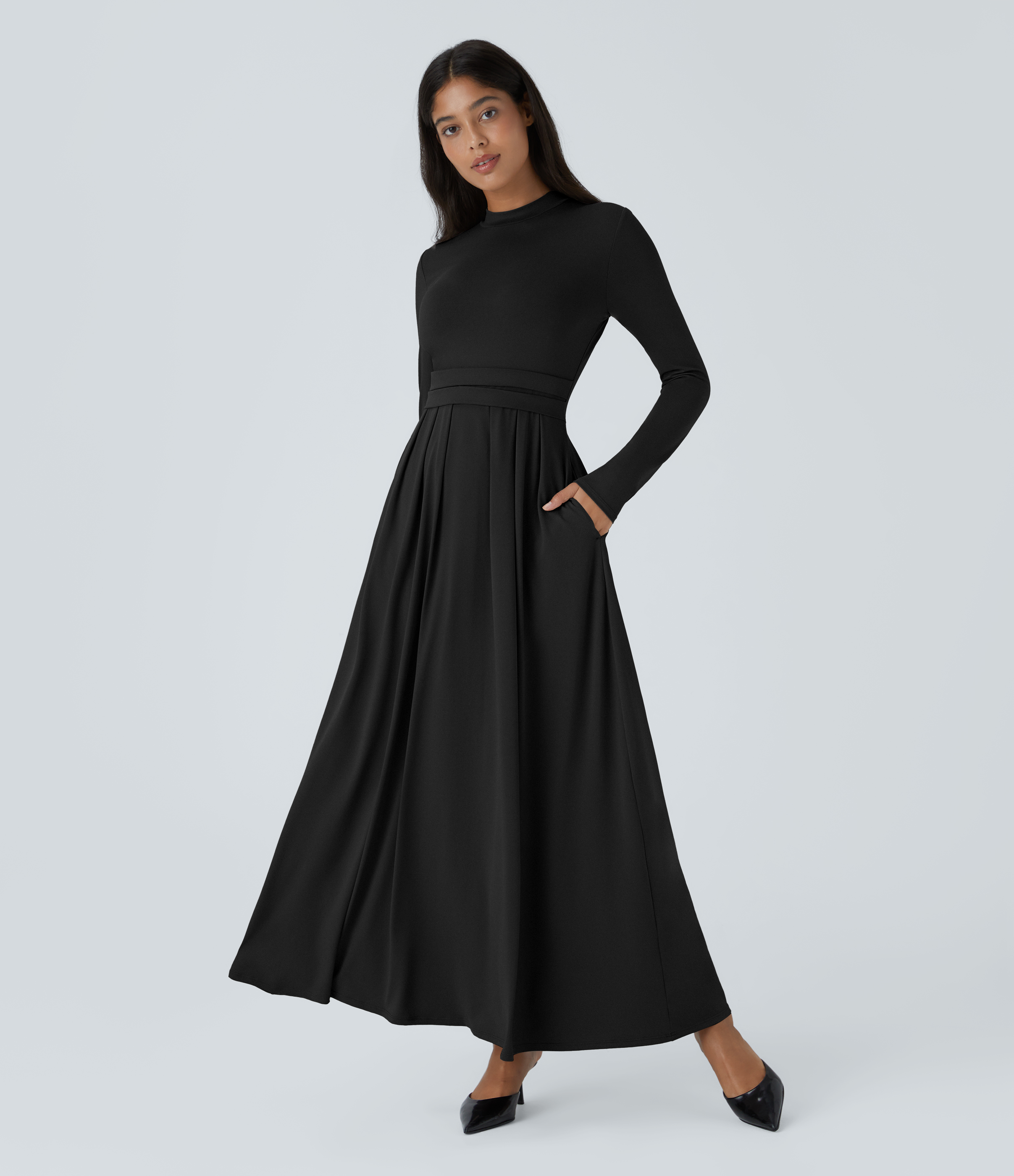 Mock-neck Long Sleeve Pocket Flare Maxi Casual Dress