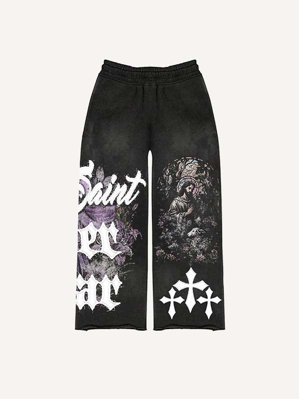 Mary&Jesus&Pray&Cross&Letter Faux Decal Print Elastic Waist Pants
