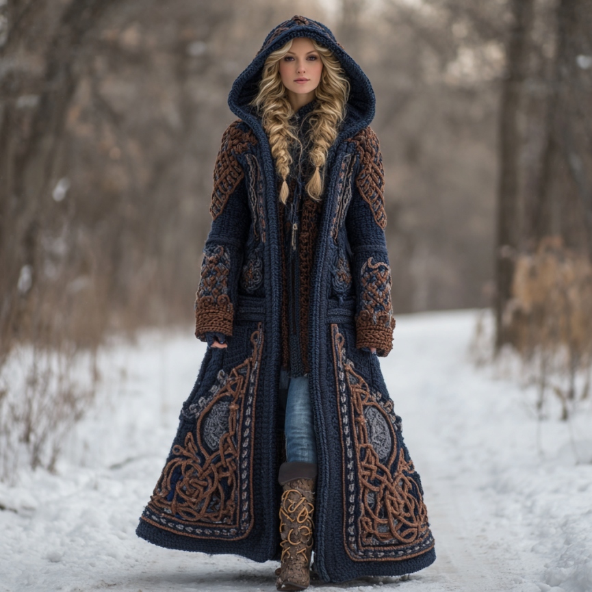 Women's Vintage Viking Celtic Knot Knit Long Sweater Jacket