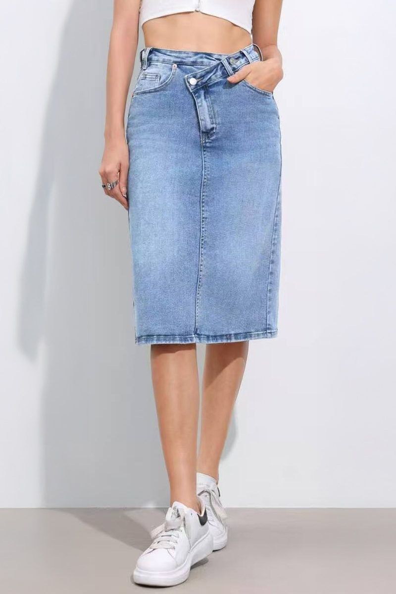 Versatile High Waist Multi-Pocket Asymmetric Button Denim Skirt