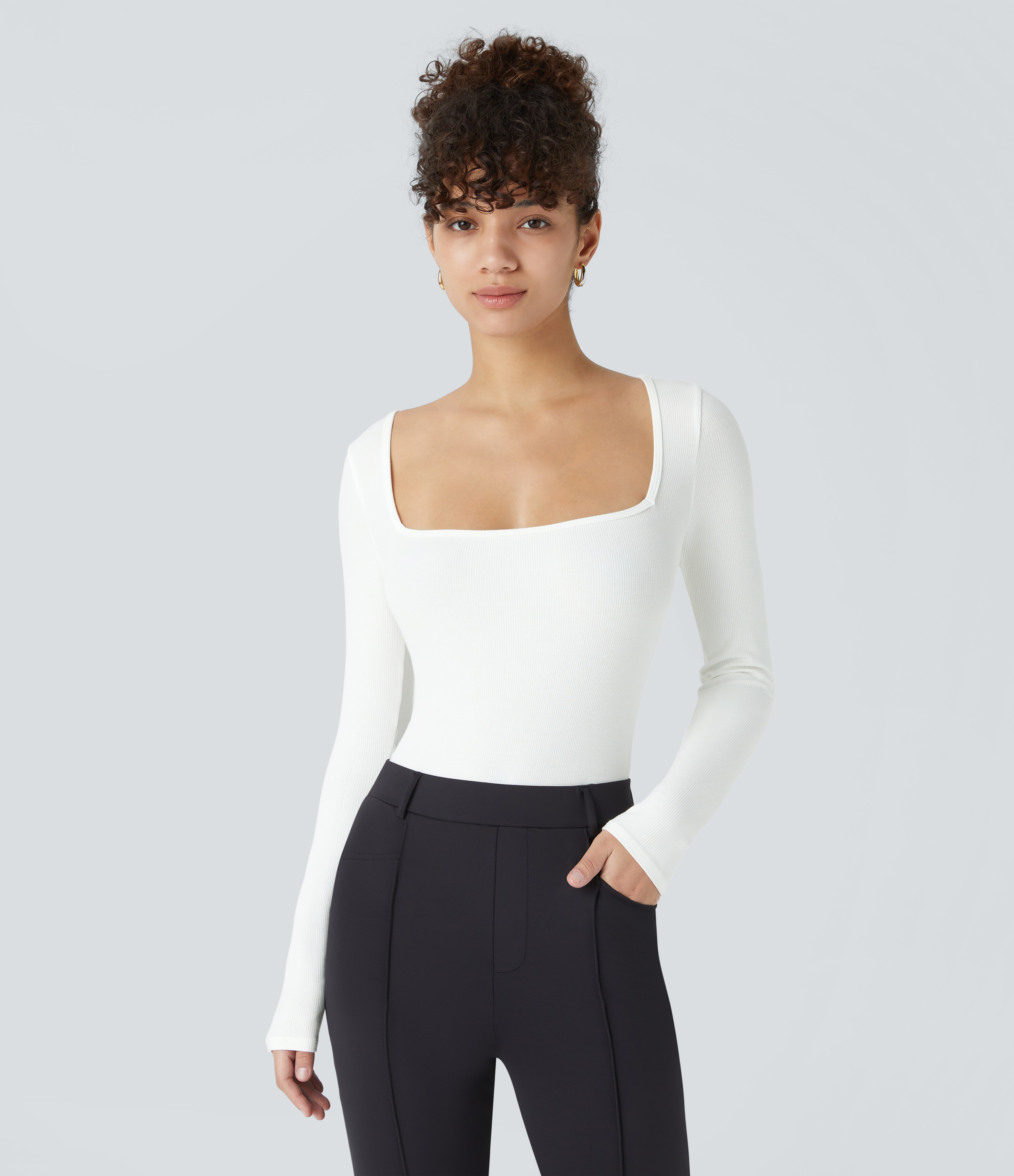 Ribbed Knit Square Neck Long Sleeve Skinny Casual Bodysuit