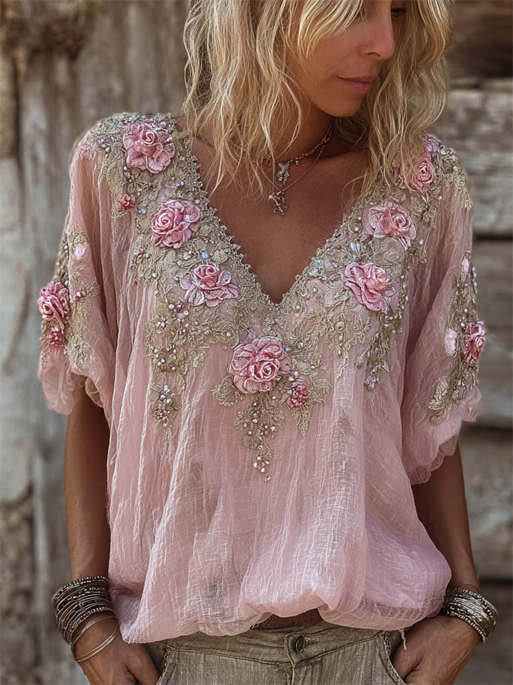 Vintage Boho Pink Roses Lace Flowy Linen Tunic
