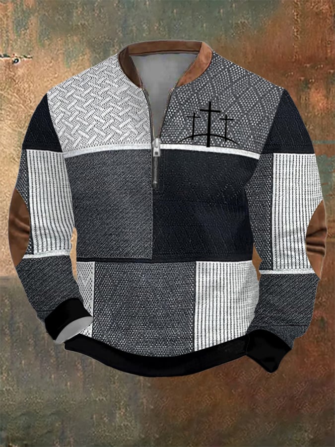 Men's Retro Western Textured Faith Cross Print Zipper Neck Sweatshirt