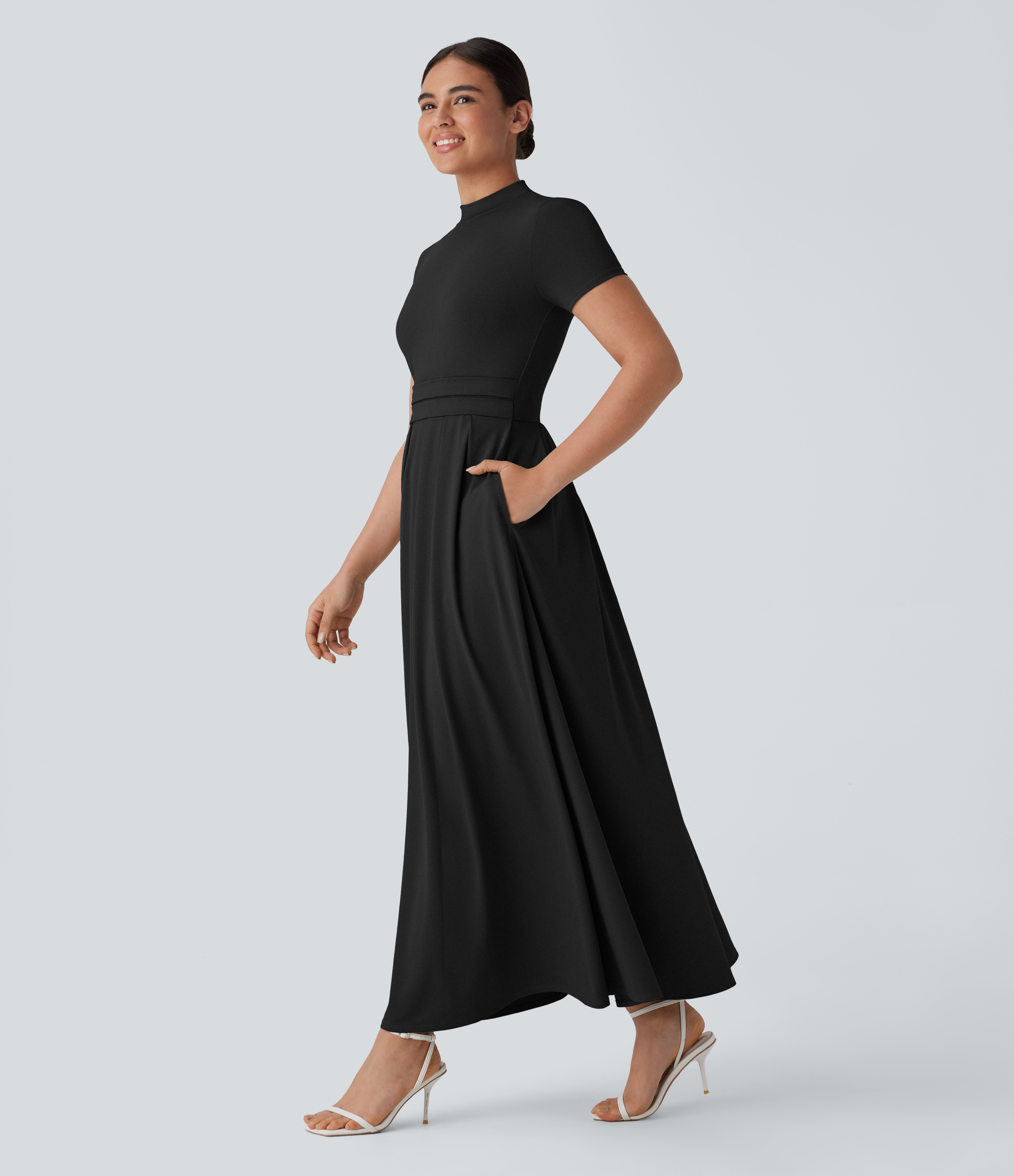 Stand Collar Short Sleeve Pocket Flare Maxi Casual Dress