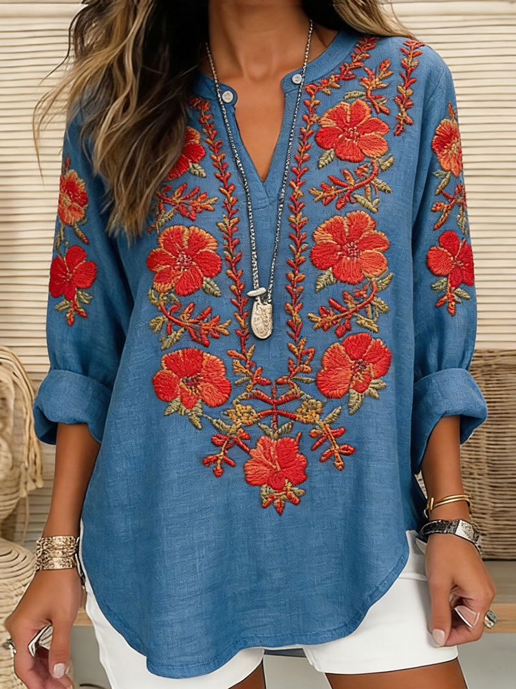 Women's Vintage Hibiscus Embroidered Linen V-neck Shirt
