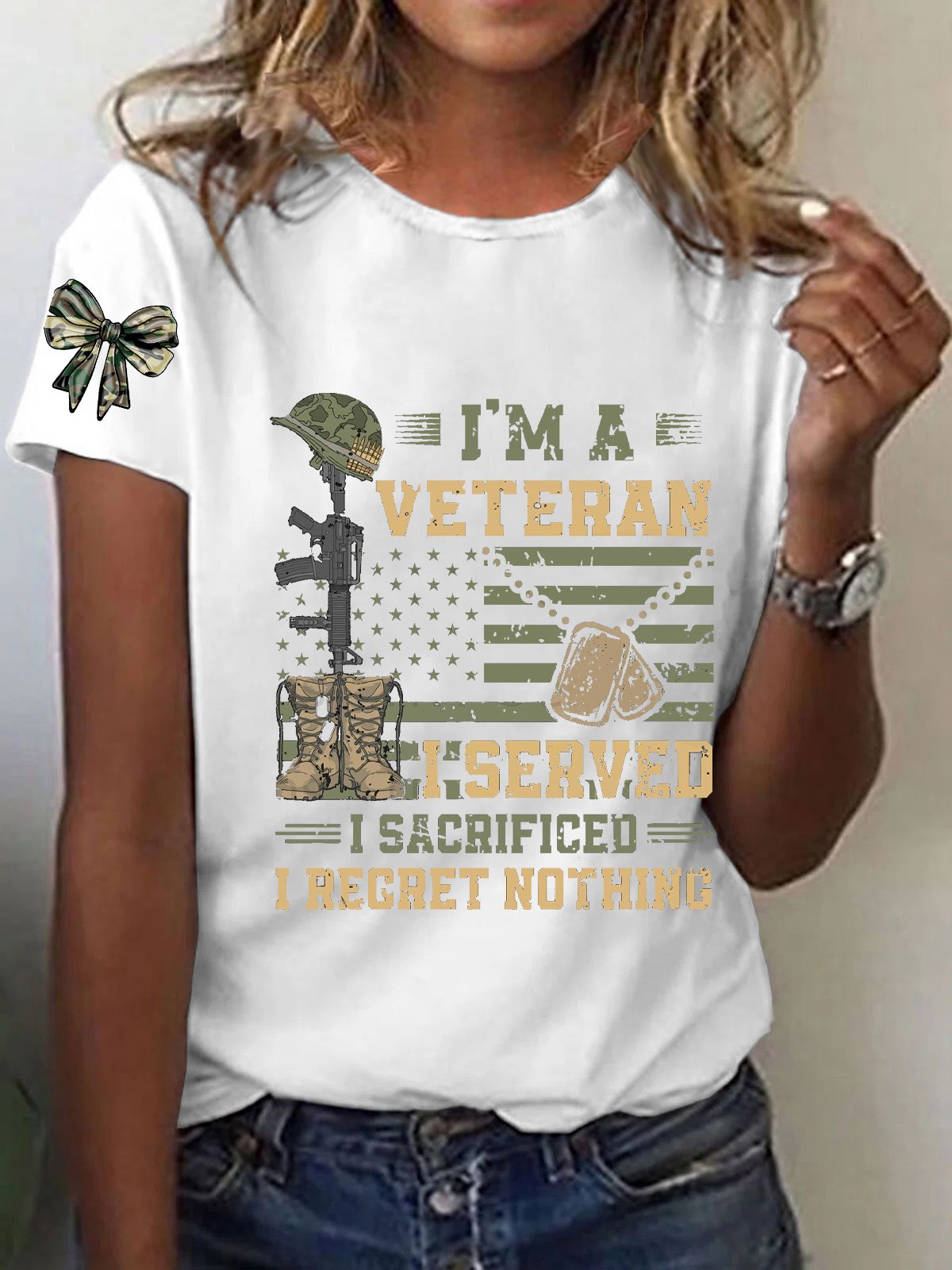 Women's Patriotic Veteran USA Flag Print T-Shirt