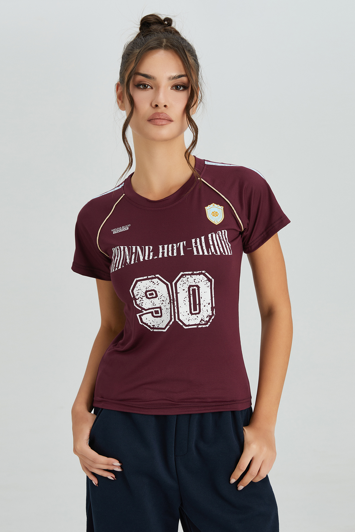 KatchMe Summer Sporty Round Neck Letter Print Short Sleeve Top